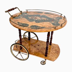 Italian Sorrento Wood Marquetry Serving Bar Cart with Ornate Brass Details and Foldable Table Top, 1930s-JP-2016358