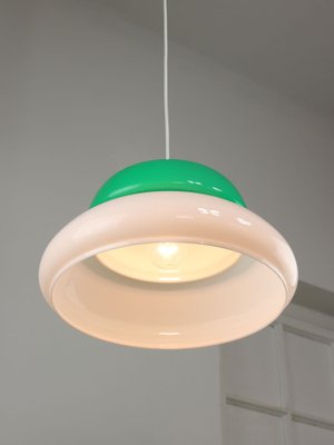 Italian Space Age Ceiling Lamp in Green in White & Green Acrylic Glass and Chrome, 1970s-HGJ-1785523