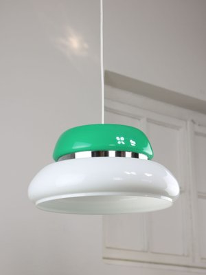 Italian Space Age Ceiling Lamp in Green in White & Green Acrylic Glass and Chrome, 1970s-HGJ-1785523