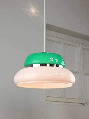 Italian Space Age Ceiling Lamp in Green in White & Green Acrylic Glass and Chrome, 1970s-HGJ-1785523