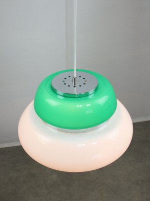 Italian Space Age Ceiling Lamp in Green in White & Green Acrylic Glass and Chrome, 1970s-HGJ-1785523