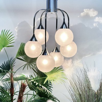 Italian Space Age Chromed Steel and Globe Milk Glass 6-Light Chandelier, 1960s-JP-1818645