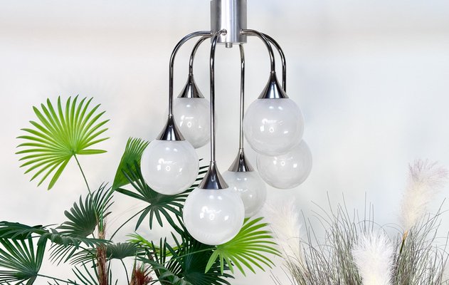 Italian Space Age Chromed Steel and Globe Milk Glass 6-Light Chandelier, 1960s-JP-1818645