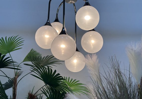 Italian Space Age Chromed Steel and Globe Milk Glass 6-Light Chandelier, 1960s-JP-1818645