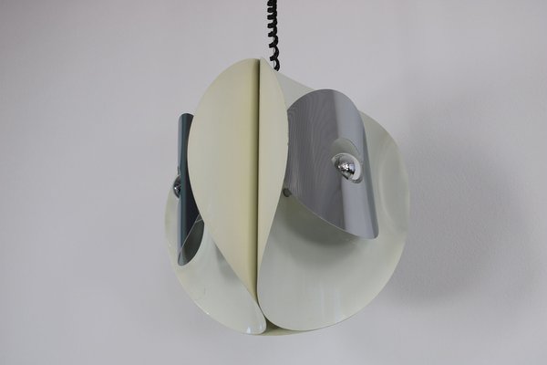 Italian Space Age Hanging Lamp with White Painted, Metal & Chrome Shields, 1970s-AA-1728796