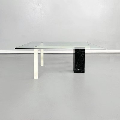 Italian Square Coffee Table in Glass, Iron and Marquinia Marble, 1980s-GDD-1377987