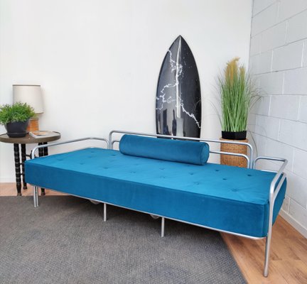 Italian Steel and Tufted Velvet Blue Daybed, 1960s-EUP-849347