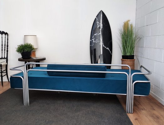 Italian Steel and Tufted Velvet Blue Daybed, 1960s-EUP-849347