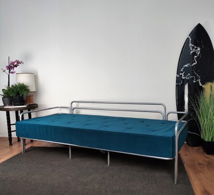 Italian Steel and Tufted Velvet Blue Daybed, 1960s-EUP-849347