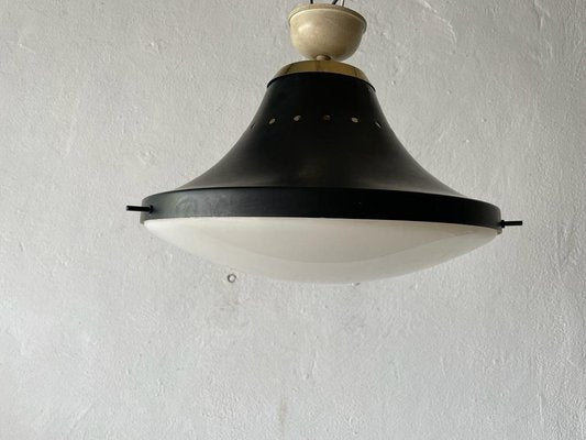 Italian Stilnovo Style Ceiling Lamp in Black Metal and White Acrylic Glass, 1950s-RDS-1316648