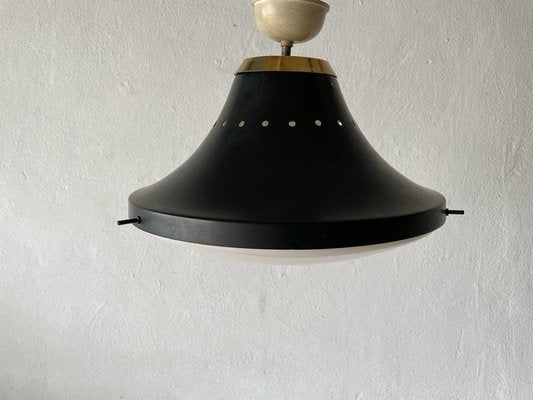 Italian Stilnovo Style Ceiling Lamp in Black Metal and White Acrylic Glass, 1950s-RDS-1316648