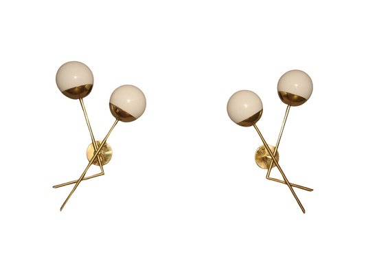 Italian Stilnovo Style Sconces in White Murano Glass & Brass, Set of 2-YF-1359270