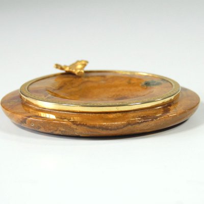 Italian Stoneware Ashtray with Brass Leaf, 1960s-GIW-872698