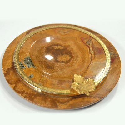 Italian Stoneware Ashtray with Brass Leaf, 1960s-GIW-872698