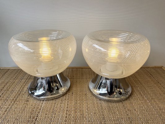 Italian Stripe Murano Glass and Metal Chrome Lamps attributed to Veart. 1970s, Set of 2-FUE-1382853