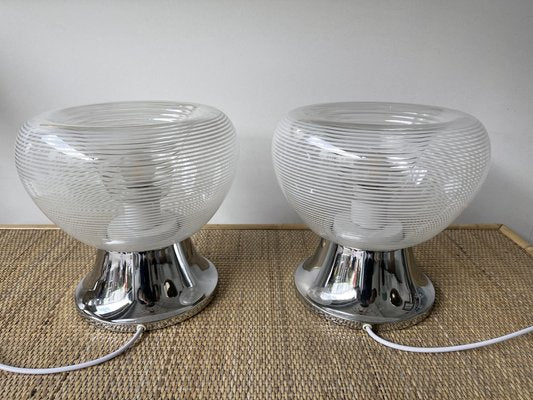 Italian Stripe Murano Glass and Metal Chrome Lamps attributed to Veart. 1970s, Set of 2-FUE-1382853