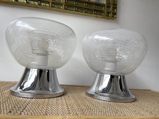 Italian Stripe Murano Glass and Metal Chrome Lamps attributed to Veart. 1970s, Set of 2-FUE-1382853