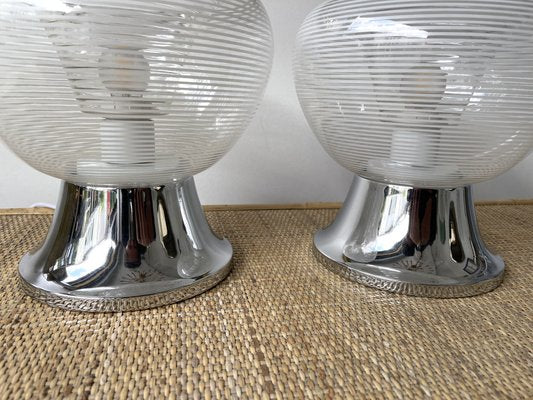 Italian Stripe Murano Glass and Metal Chrome Lamps attributed to Veart. 1970s, Set of 2-FUE-1382853