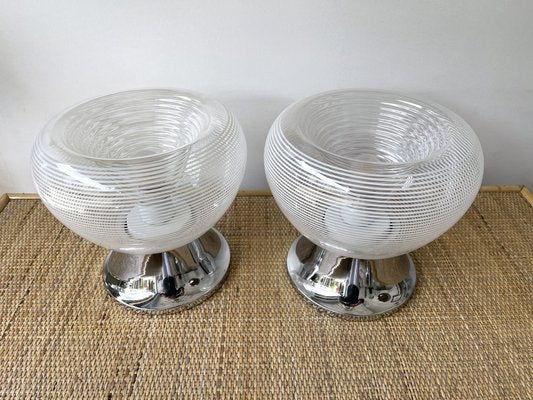 Italian Stripe Murano Glass and Metal Chrome Lamps attributed to Veart. 1970s, Set of 2-FUE-1382853