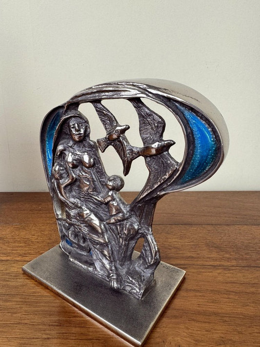 Italian Symbolist Sculpture in Silvered Bronze and Turquoise Enamel, 1986