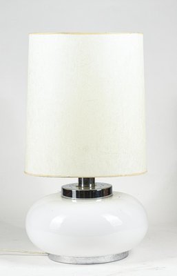 Italian Table Lamp with Chromed Metal Base and White Milk Glass & Fabric Lampshade, 1960s-RAQ-1115461