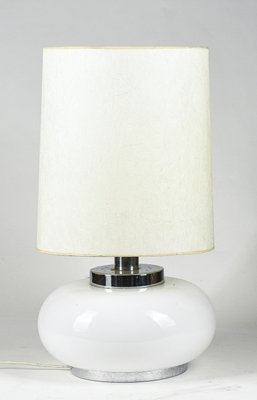 Italian Table Lamp with Chromed Metal Base and White Milk Glass & Fabric Lampshade, 1960s-RAQ-1115461