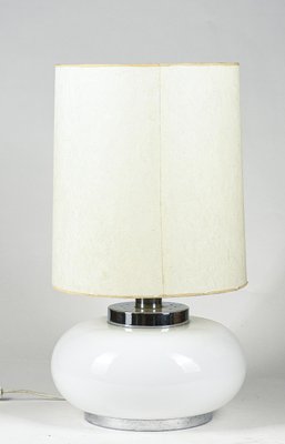 Italian Table Lamp with Chromed Metal Base and White Milk Glass & Fabric Lampshade, 1960s-RAQ-1115461