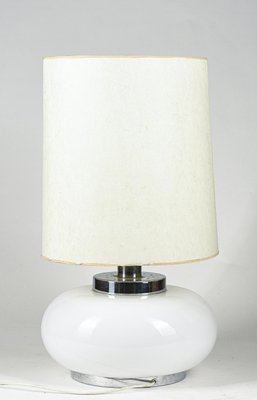 Italian Table Lamp with Chromed Metal Base and White Milk Glass & Fabric Lampshade, 1960s-RAQ-1115461