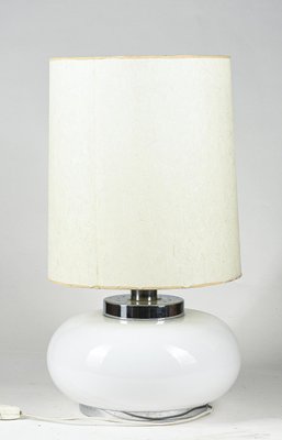 Italian Table Lamp with Chromed Metal Base and White Milk Glass & Fabric Lampshade, 1960s-RAQ-1115461