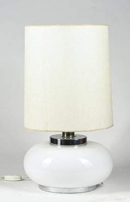 Italian Table Lamp with Chromed Metal Base and White Milk Glass & Fabric Lampshade, 1960s-RAQ-1115461