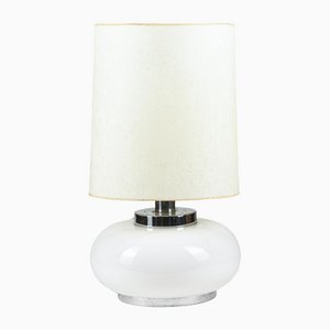 Italian Table Lamp with Chromed Metal Base and White Milk Glass & Fabric Lampshade, 1960s-RAQ-1115461