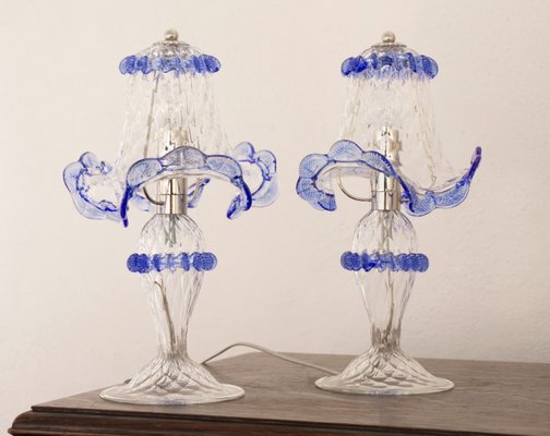 Italian Table Lamps in Clear and Blue Murano Glass, 2000s, Set of 2-MPO-1800643