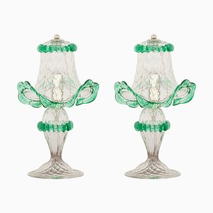 Italian Table Lamps in Clear and Green Murano Glass, 2000s, Set of 2-MPO-1800917