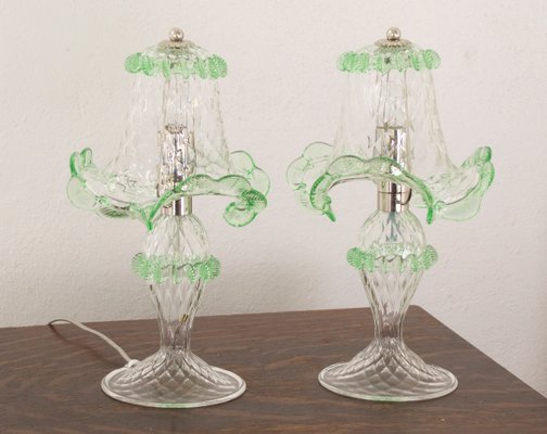 Italian Table Lamps in Clear and Light Green Murano Glass, 2000s, Set of 2-MPO-1800919