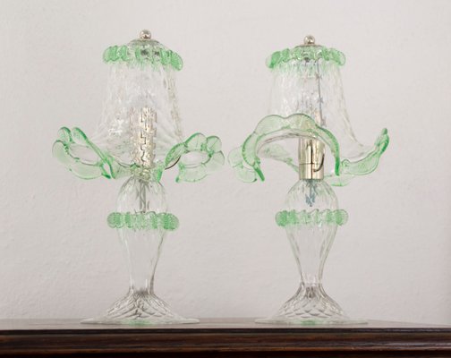 Italian Table Lamps in Clear and Light Green Murano Glass, 2000s, Set of 2-MPO-1800919