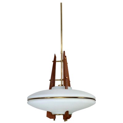 Italian Teak, Brass & Opaline Glass Pendant Light-LYQ-1171577