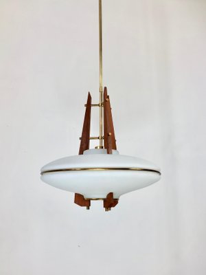 Italian Teak, Brass & Opaline Glass Pendant Light-LYQ-1171577