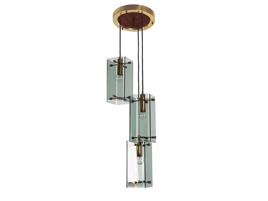 Italian Teak, Golden Aluminum & Smoked Glass Three Pendant Ceiling Lamp, 1960s-RD-1735169