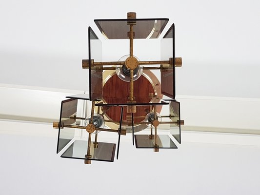 Italian Teak, Golden Aluminum & Smoked Glass Three Pendant Ceiling Lamp, 1960s-RD-1735169