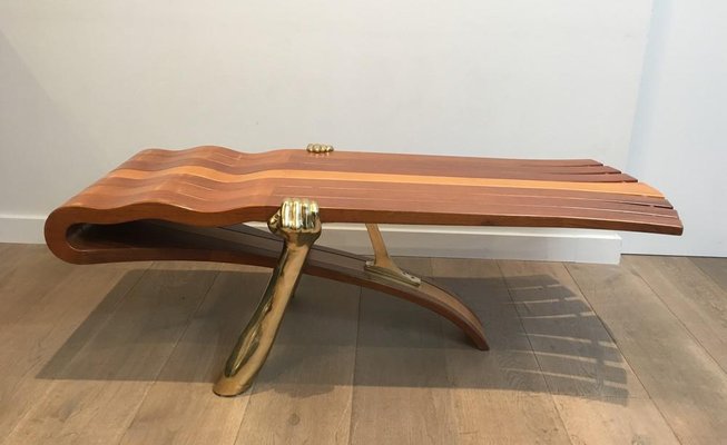 Italian Thick Wood & Gilt Brass Coffee Table with 2 Arms Holding the Wooden Top, 1970s-BA-733222