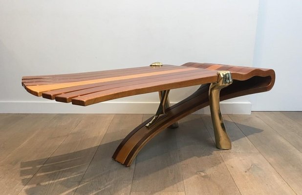 Italian Thick Wood & Gilt Brass Coffee Table with 2 Arms Holding the Wooden Top, 1970s-BA-733222