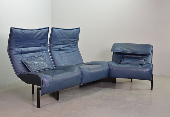 Italian Three-Seat Flexible Veranda Sofa in in Petrol Blue Leather by Vico Magistretti for Cassina, 1980s-IXC-1397143