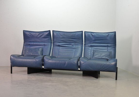 Italian Three-Seat Flexible Veranda Sofa in in Petrol Blue Leather by Vico Magistretti for Cassina, 1980s-IXC-1397143