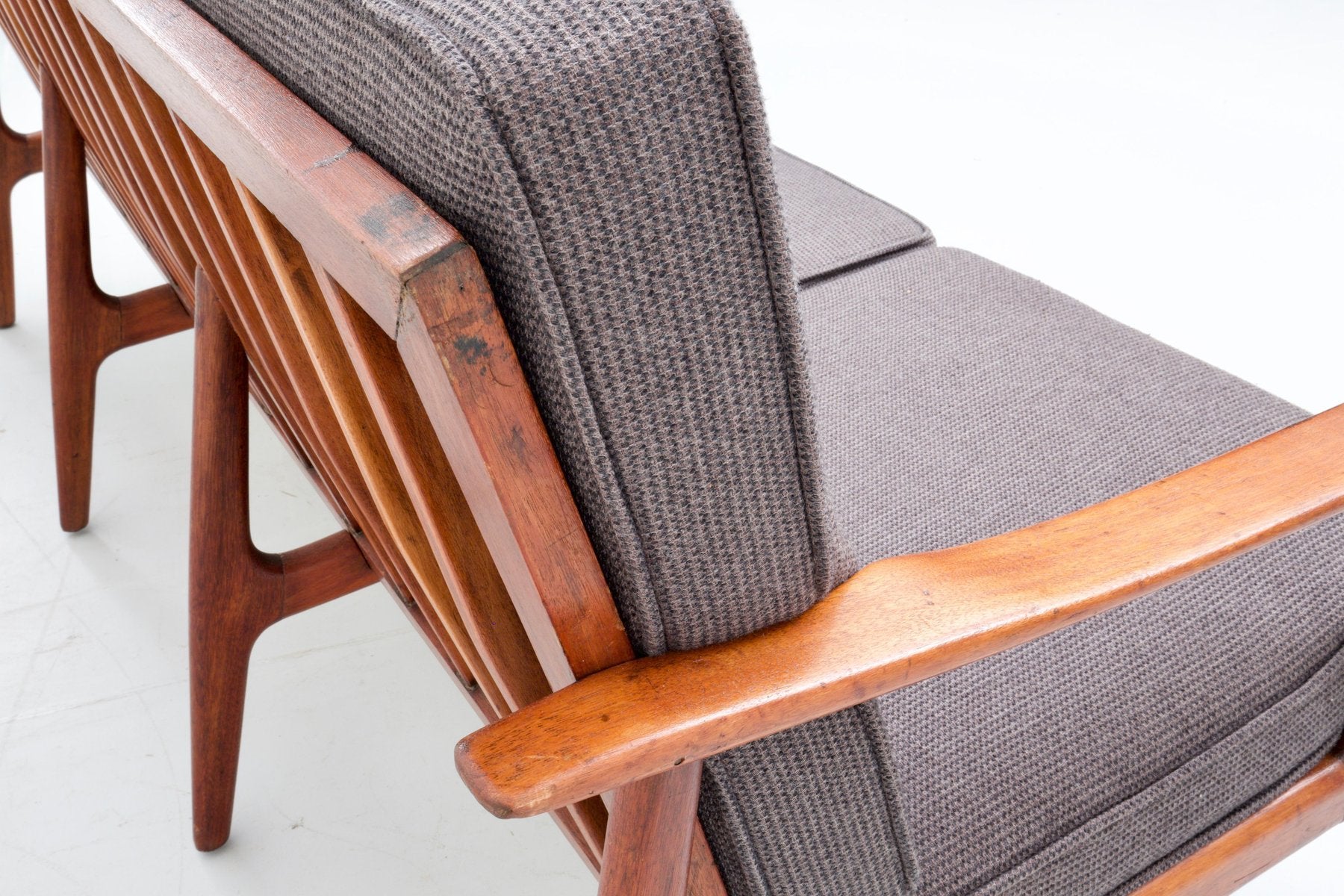 Italian Three-Seat Sofa with Armrests in Patinated Oak and Fabric, 1960s