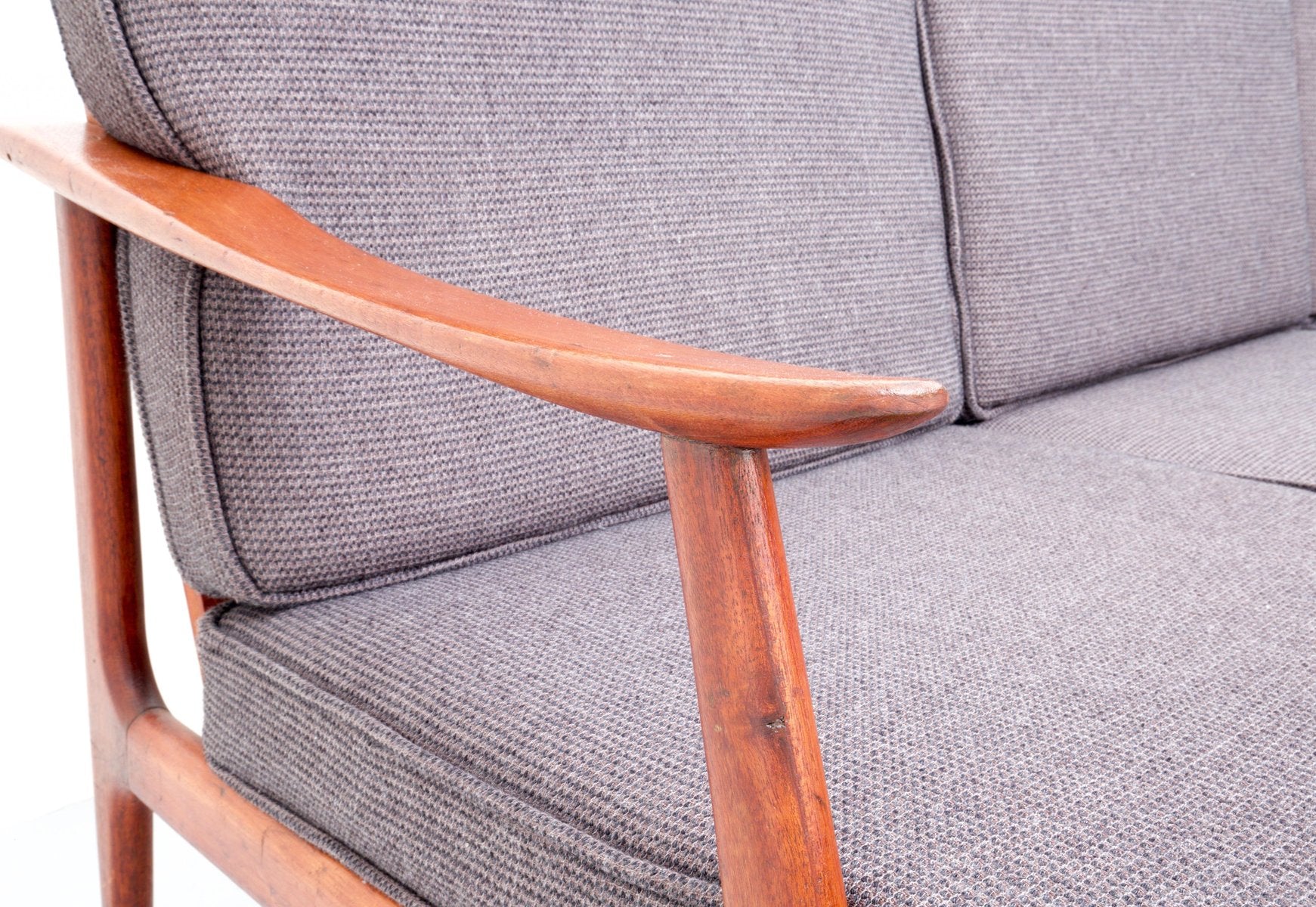 Italian Three-Seat Sofa with Armrests in Patinated Oak and Fabric, 1960s