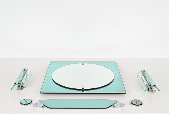 Italian Tiffany Blue Bathroom Vanity Set with Mirror, Sconces, Shelf attributed to Veca, 1970s, Set of 4-JDR-1800805