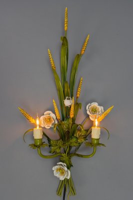 Italian Toleware White Poppy and Wheat Green Floral Bouquet Two-Light Sconce, 1960s-KEG-1781068