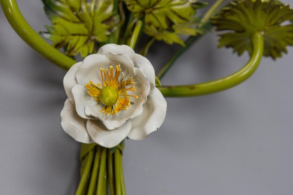 Italian Toleware White Poppy and Wheat Green Floral Bouquet Two-Light Sconce, 1960s-KEG-1781068