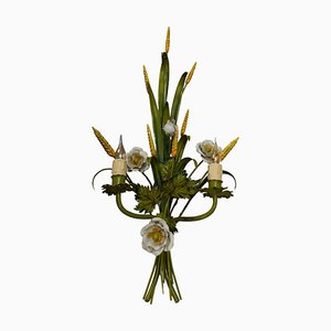 Italian Toleware White Poppy and Wheat Green Floral Bouquet Two-Light Sconce, 1960s-KEG-1781068