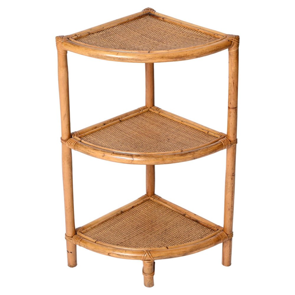 Italian Triangular Bamboo and Rattan Corner Bookcase in the style of Franco Albini, 1970s